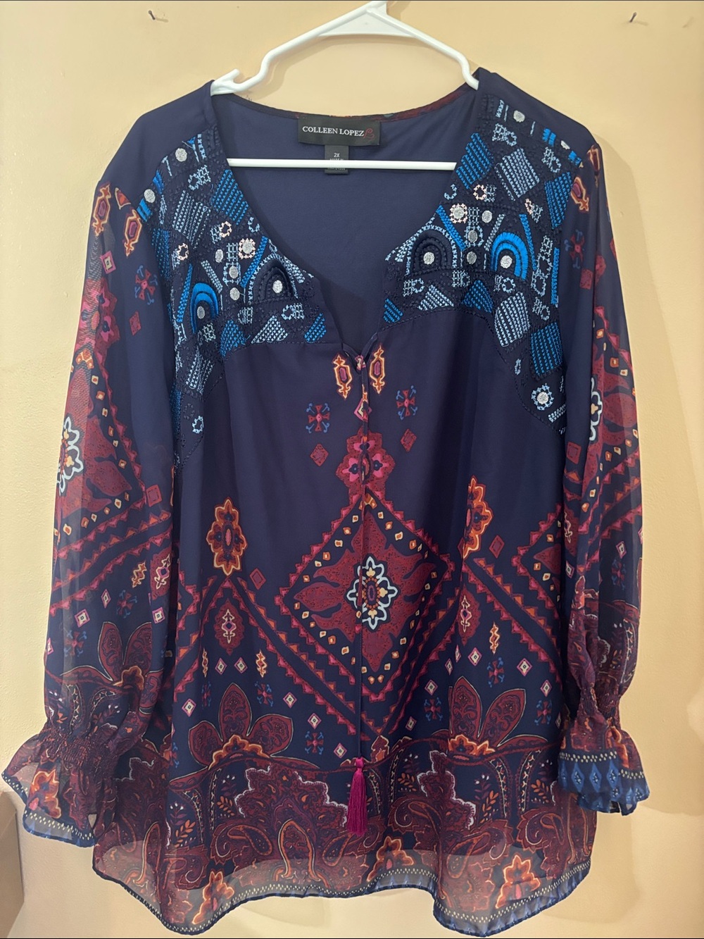 Colleen Lopez Navy Paisley V-Neck Tassel Blouse with Red Accents